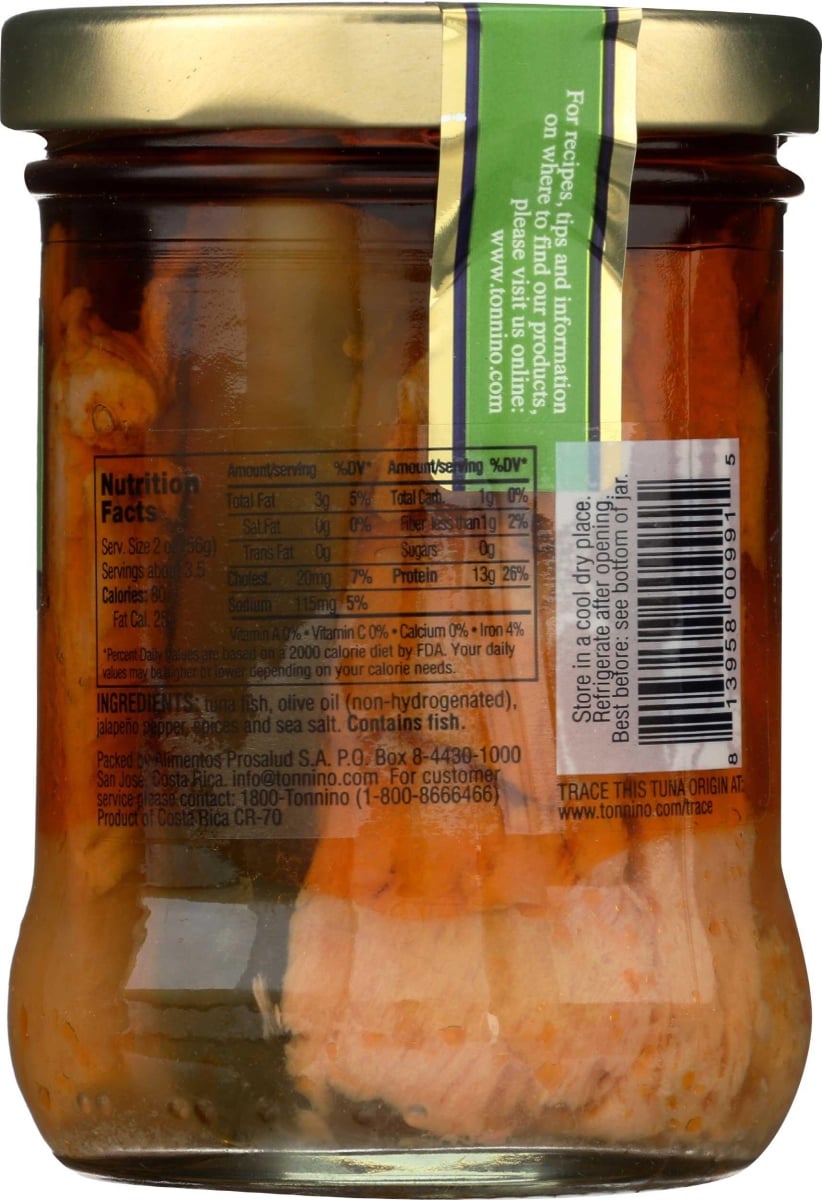 Tonnino Premium Yellowfin Tuna Fillet with Jalapeno in Olive Oil Wild Caught 6.7 oz Jar Gluten-Free