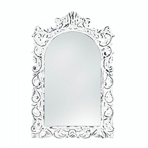 10018066 Distressed Ornate Wood Wall Mirror, White