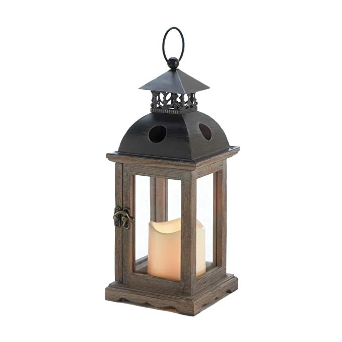10018497 12 In. Wood Led Candle Lantern Flameless Candle With Metal Dome Top