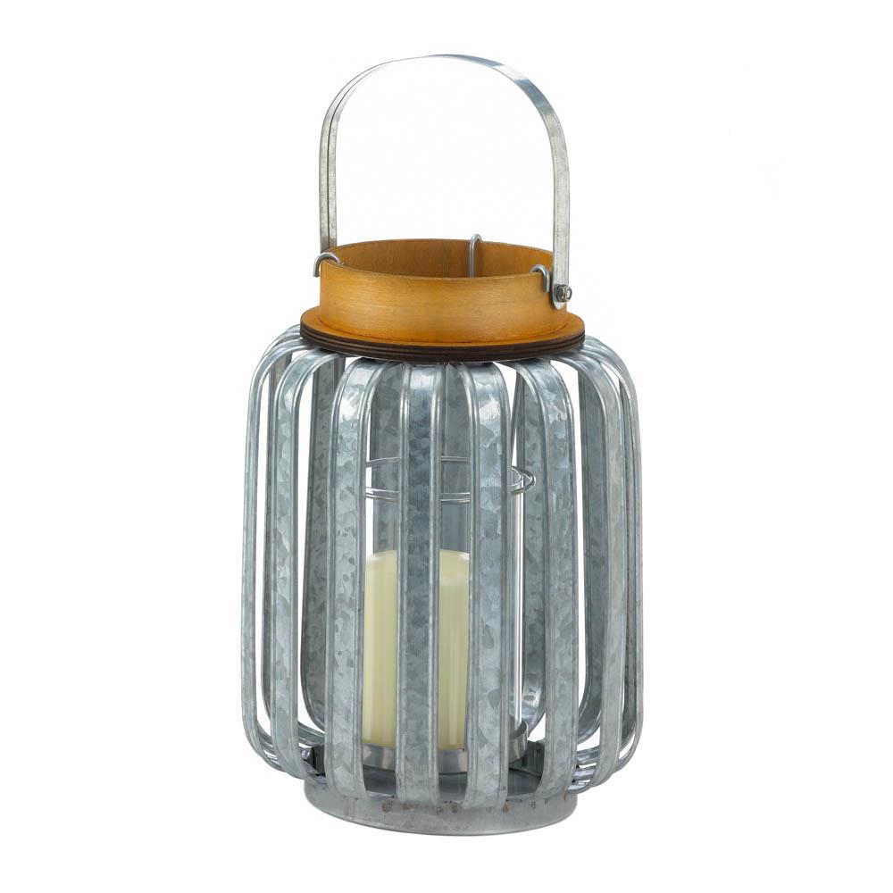 10018514 Large Galvanized Metal Lantern, Iron & Glass - Mdf Wood
