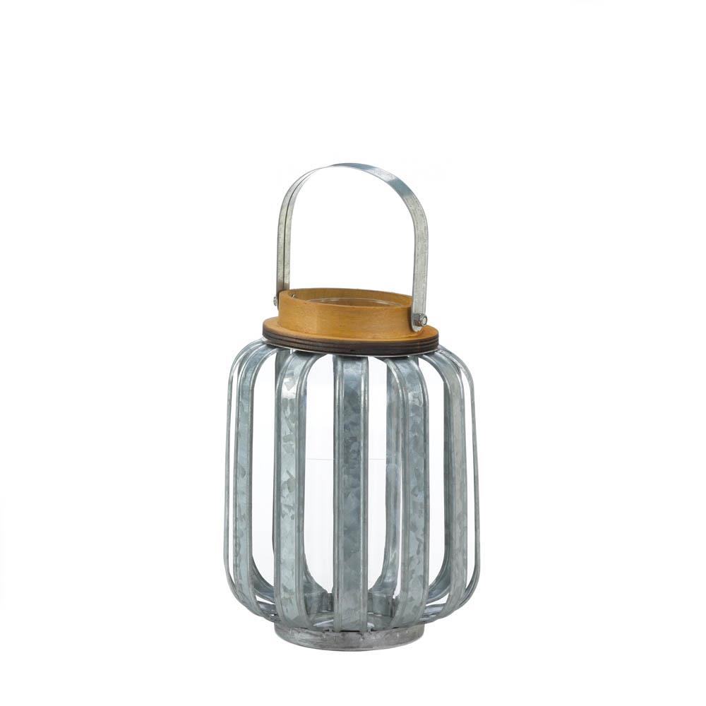 10018515 Small Galvanized Metal Lantern, Iron & Glass - Mdf Wood
