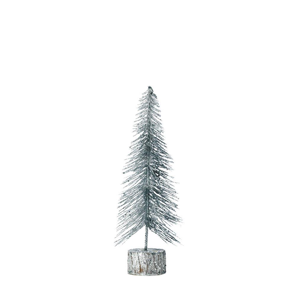 10018480 Small Silver Glitter Tree, Plastic & Cedar Wood