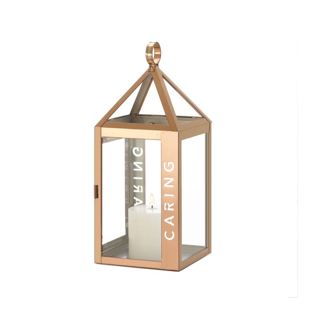 10018524 Rose Metal Frame Caring Lantern, Glass & Golden Rose Stainless Steel