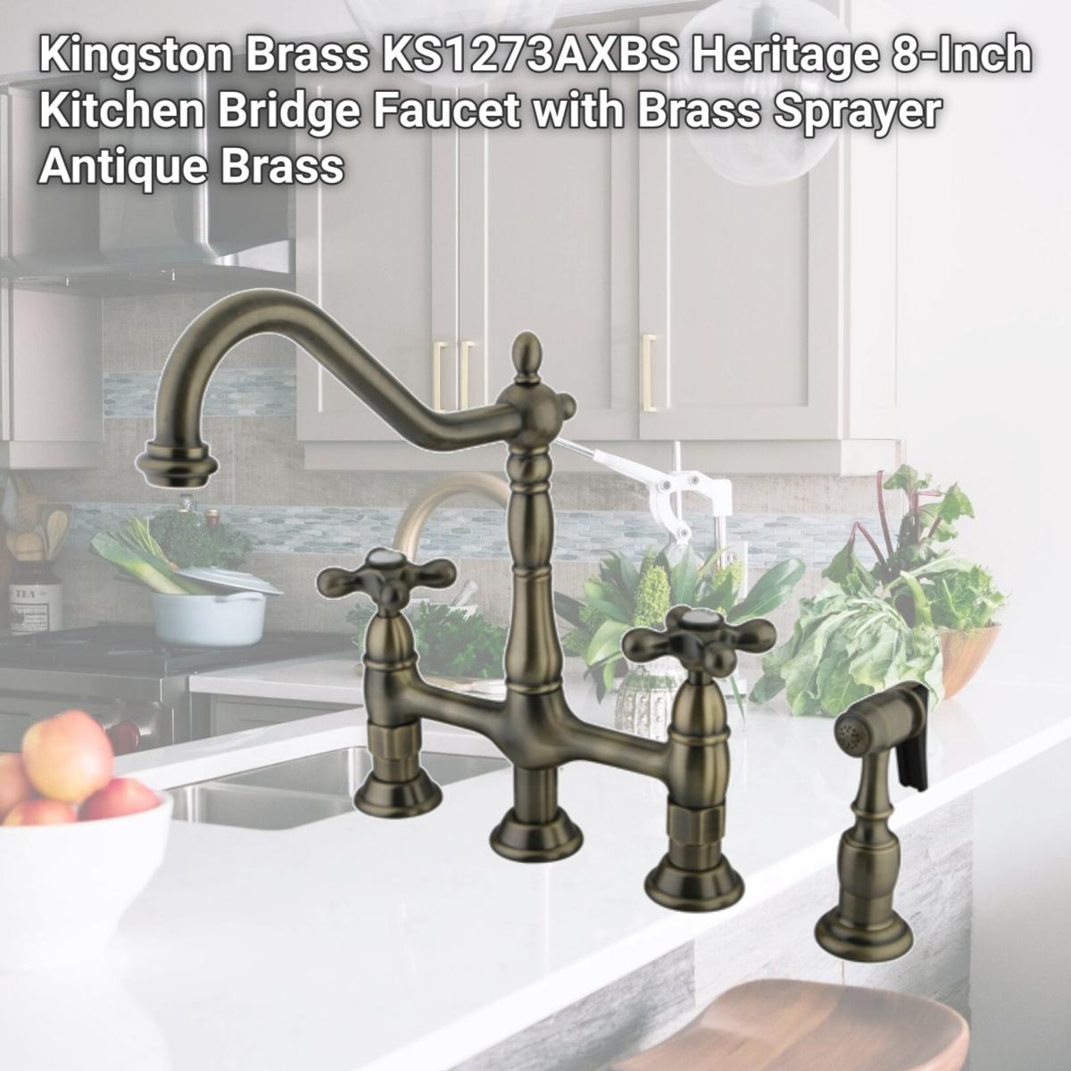 Picture of Kingston Brass KS1273AXBS Heritage 8-Inch Kitchen Bridge Faucet with Brass Sprayer  Antique Brass