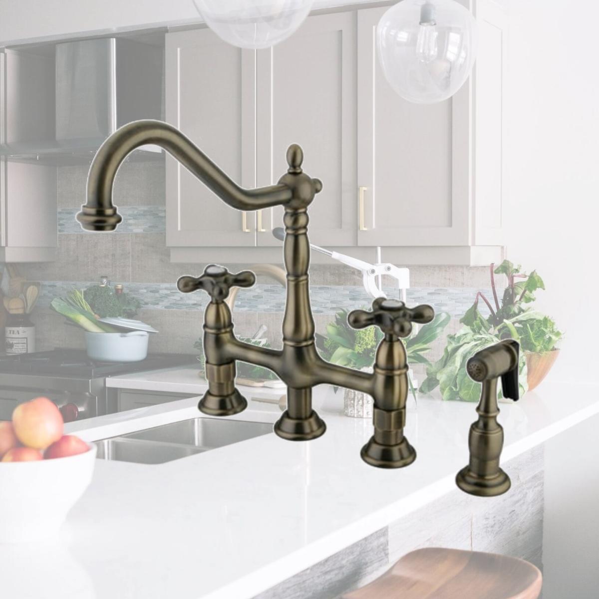 Picture of Kingston Brass KS1273AXBS Heritage 8-Inch Kitchen Bridge Faucet with Brass Sprayer  Antique Brass
