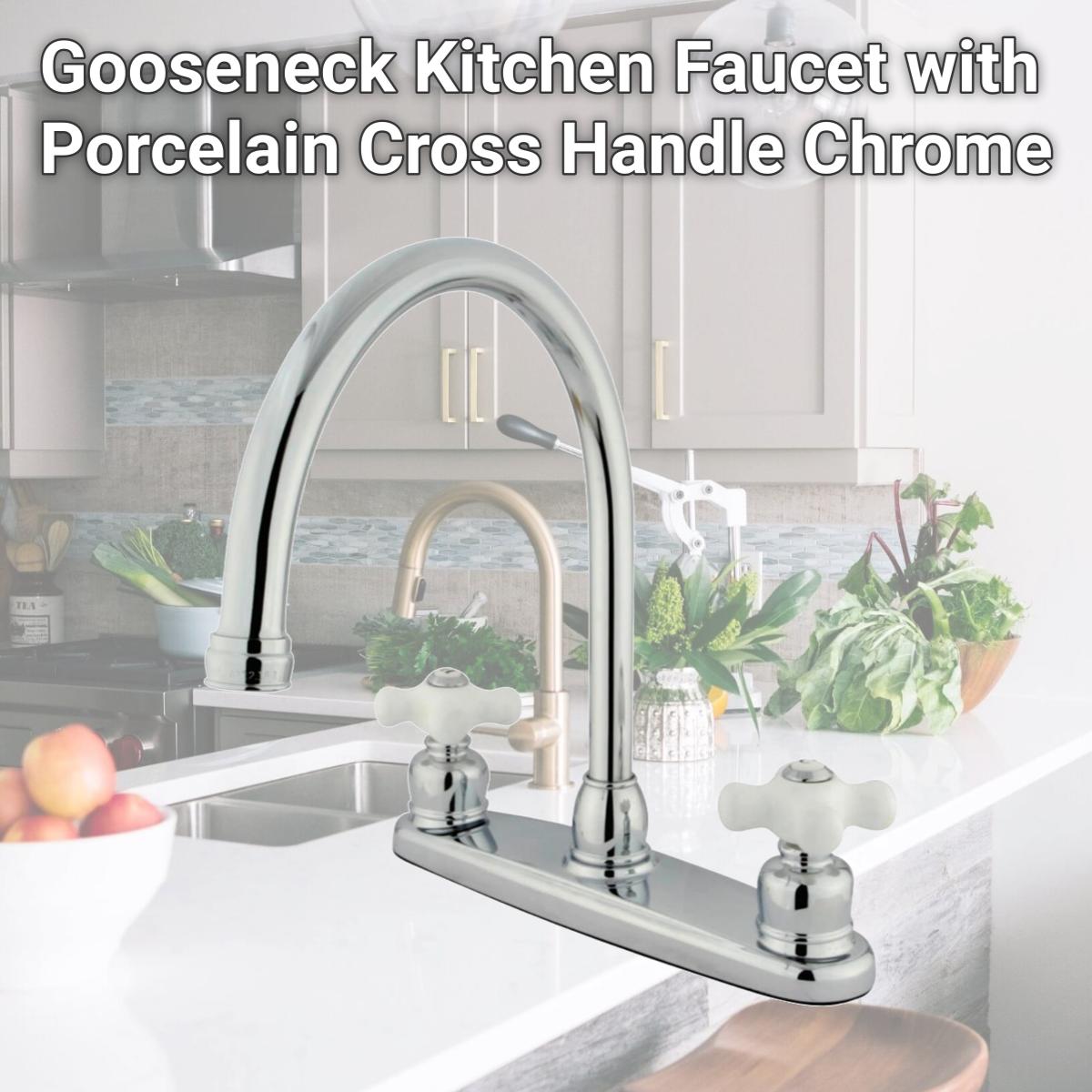 Picture of Kingston Brass KB721PXLS Gooseneck Kitchen Faucet with Porcelain Cross Handle, Chrome