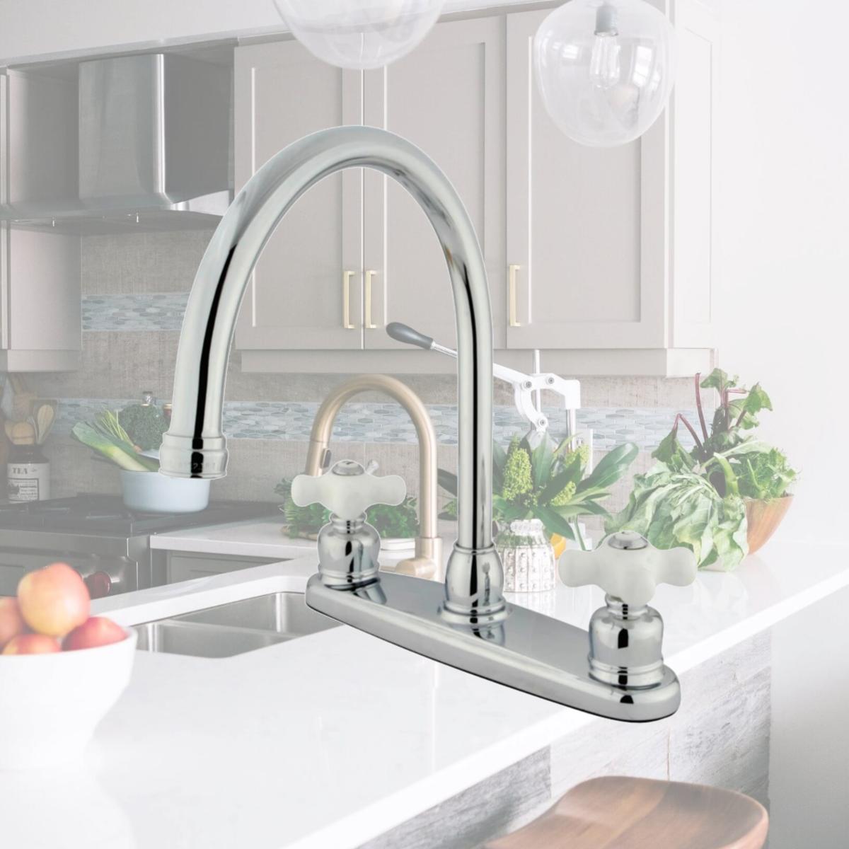 Picture of Kingston Brass KB721PXLS Gooseneck Kitchen Faucet with Porcelain Cross Handle, Chrome