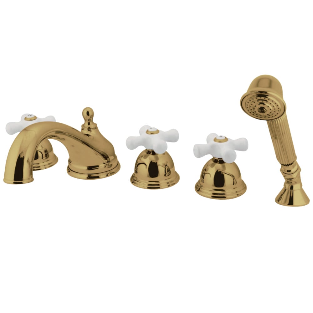 Ks33525px 5 Piece Roman Tub Filler With Procelain Cross Lever Handle & Hand Shower, Polished Brass