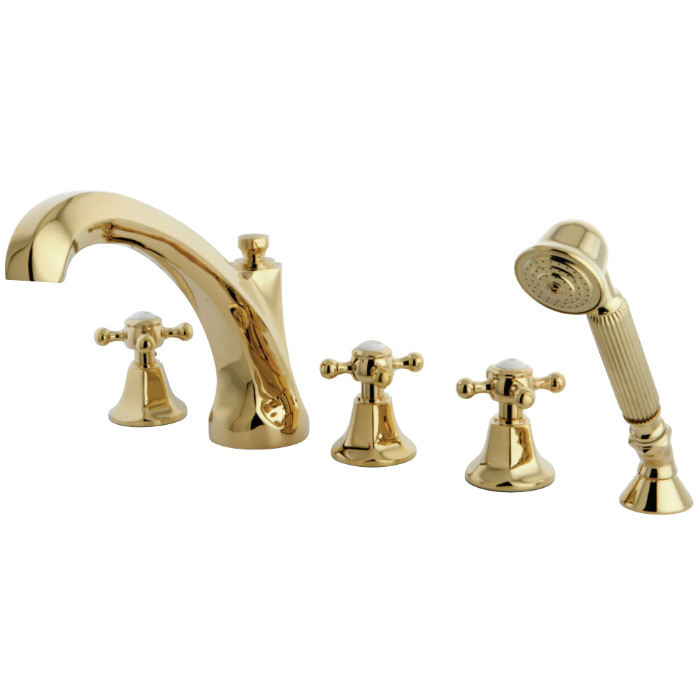 Ks43225bx 5 Piece Roman Tub Filler With Hand Shower Cross Handle, Polished Brass