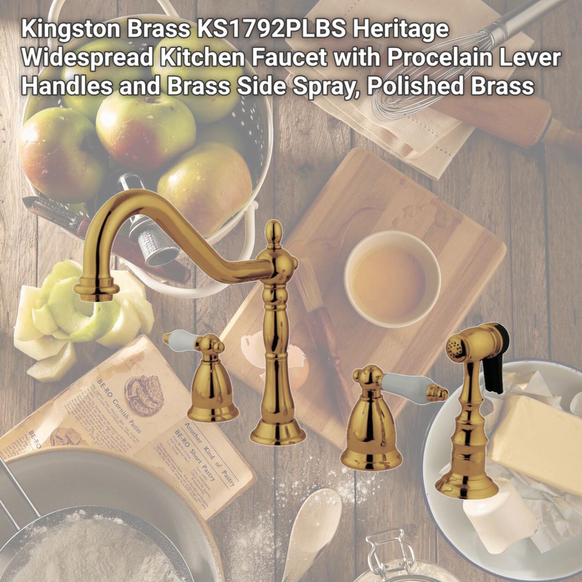 Picture of Kingston Brass KS1792PLBS Heritage Widespread Kitchen Faucet with Procelain Lever Handles and Brass Side Spray, Polished Brass