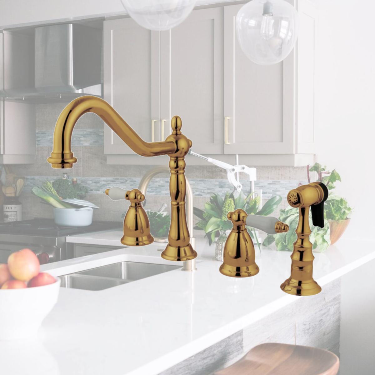 Picture of Kingston Brass KS1792PLBS Heritage Widespread Kitchen Faucet with Procelain Lever Handles and Brass Side Spray, Polished Brass