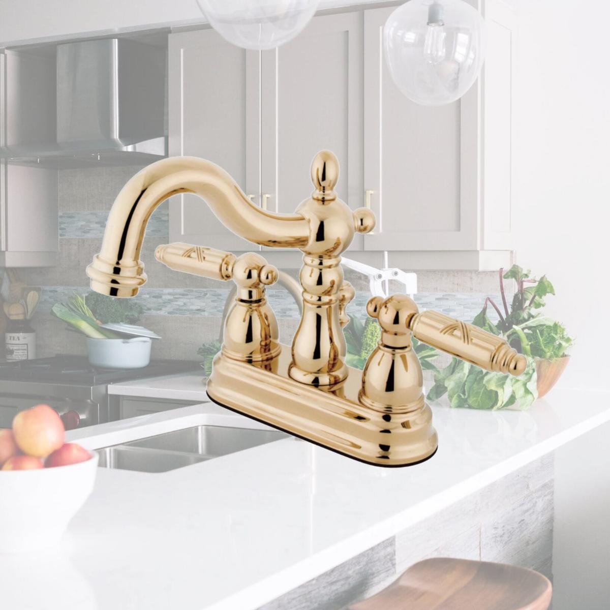 Picture of Kingston Brass KS1602GL 4 in. Heritage Centerset Lavatory Faucet with Brass Pop-Up & Metal Lever Handle Polished Brass