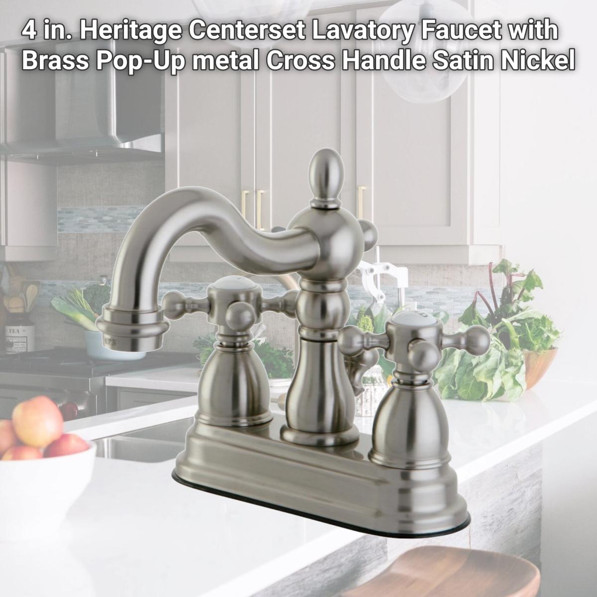 Picture of Kingston Brass KS1608BX 4 in. Heritage Centerset Lavatory Faucet with Brass Pop-Up metal Cross Handle, Satin Nickel