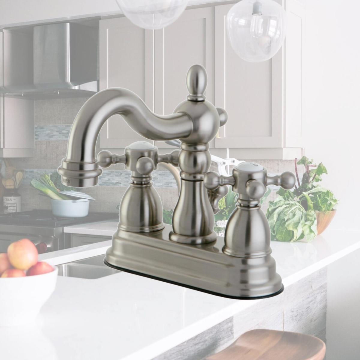 Picture of Kingston Brass KS1608BX 4 in. Heritage Centerset Lavatory Faucet with Brass Pop-Up metal Cross Handle, Satin Nickel