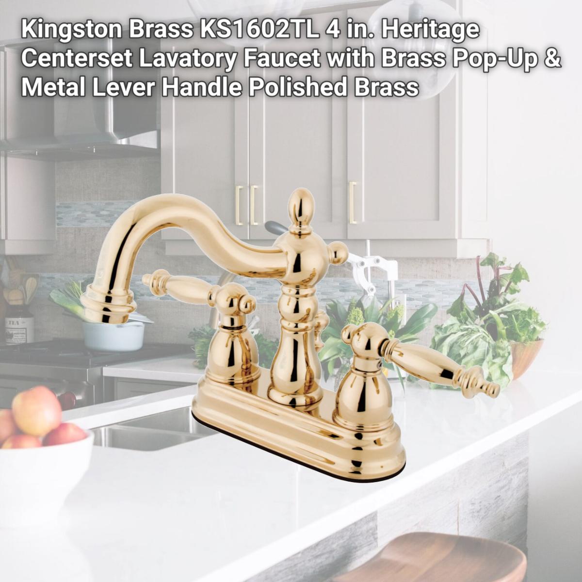 Picture of Kingston Brass KS1602TL 4 in. Heritage Centerset Lavatory Faucet with Brass Pop-Up & Metal Lever Handle Polished Brass