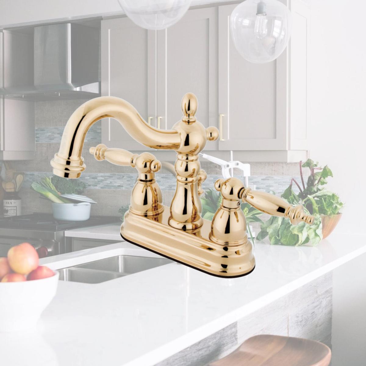Picture of Kingston Brass KS1602TL 4 in. Heritage Centerset Lavatory Faucet with Brass Pop-Up & Metal Lever Handle Polished Brass