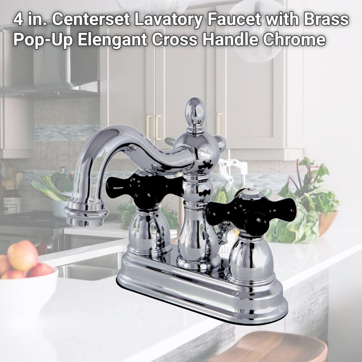 Picture of Kingston Brass KS1601PKX 4 in. Centerset Lavatory Faucet with Brass Pop-Up Elengant Cross Handle, Chrome