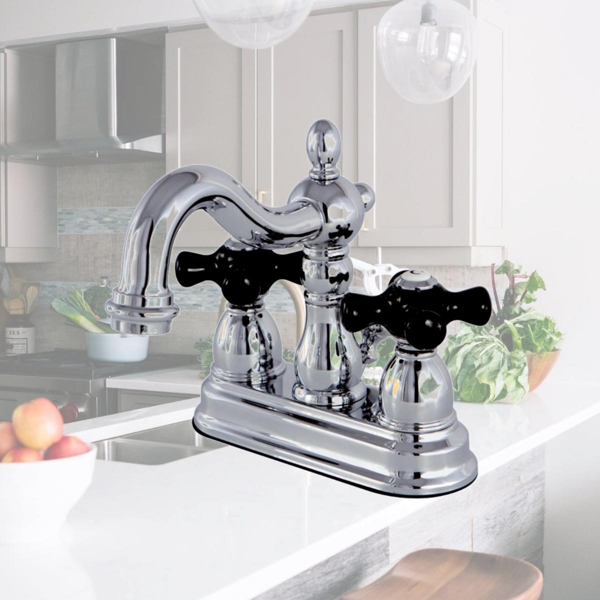 Picture of Kingston Brass KS1601PKX 4 in. Centerset Lavatory Faucet with Brass Pop-Up Elengant Cross Handle, Chrome