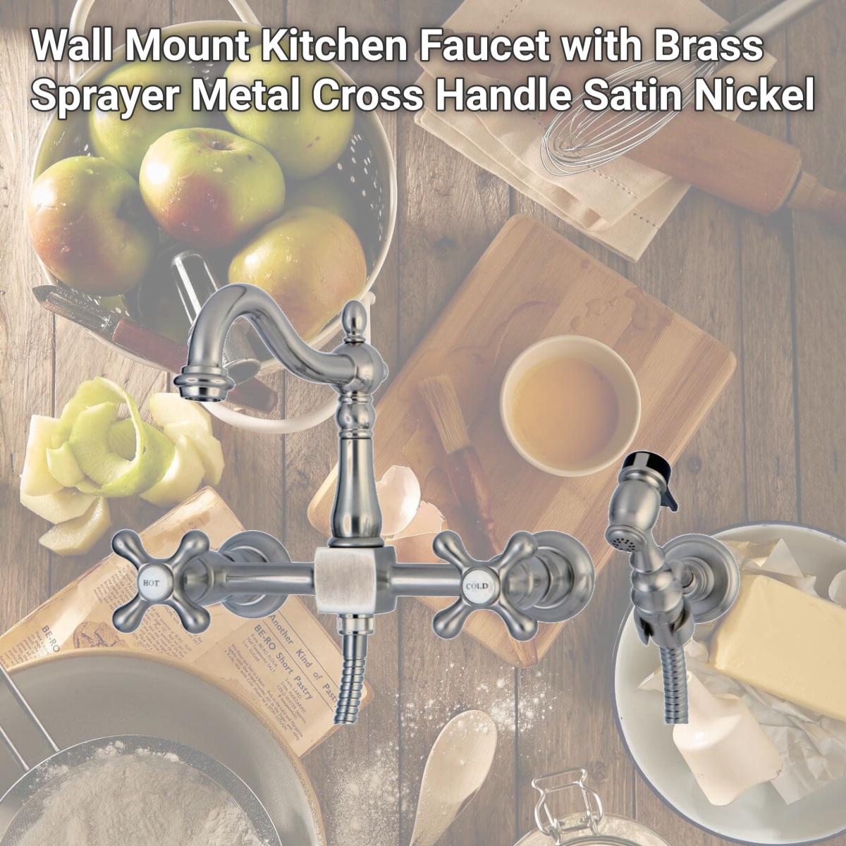 Picture of Kingston Brass KS1268AXBS Wall Mount Kitchen Faucet with Brass Sprayer Metal Cross Handle, Satin Nickel