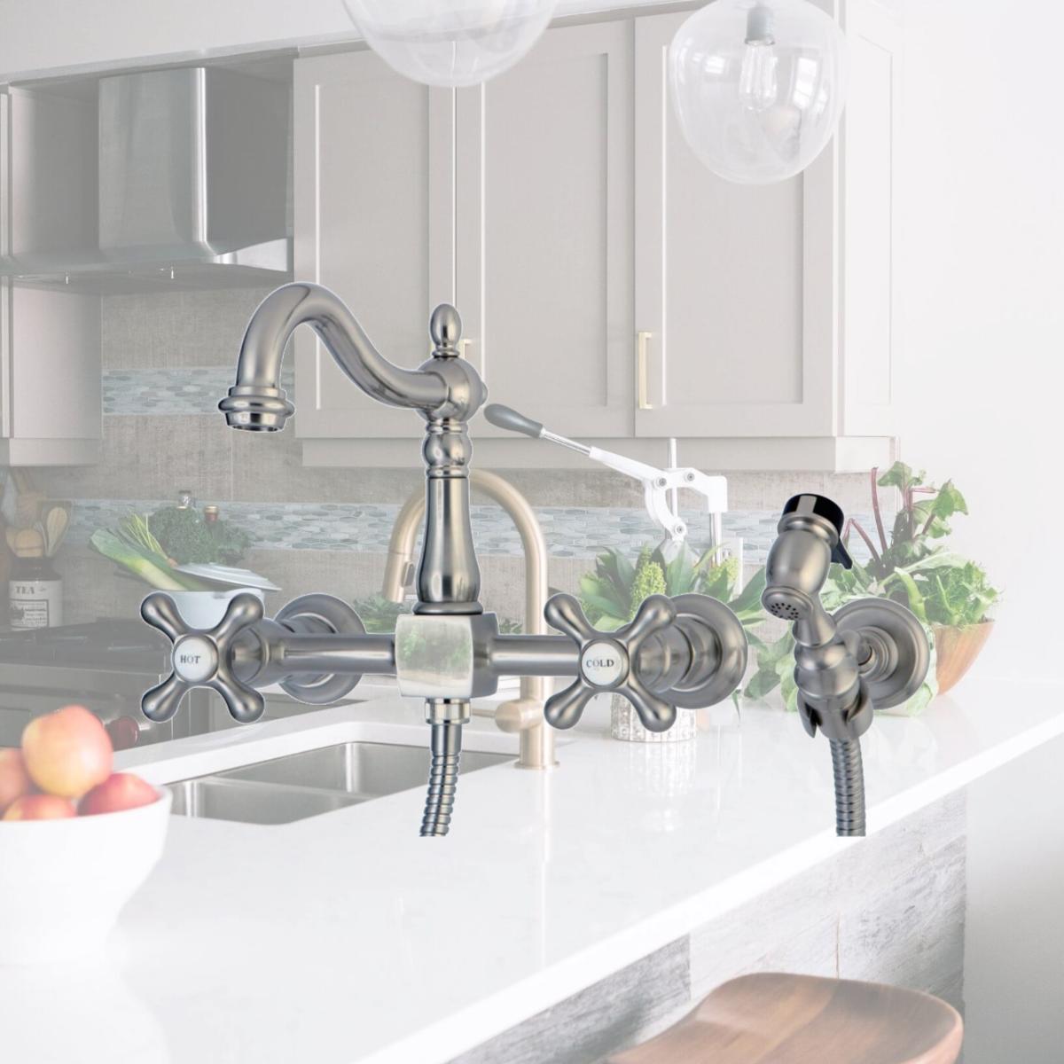 Picture of Kingston Brass KS1268AXBS Wall Mount Kitchen Faucet with Brass Sprayer Metal Cross Handle, Satin Nickel