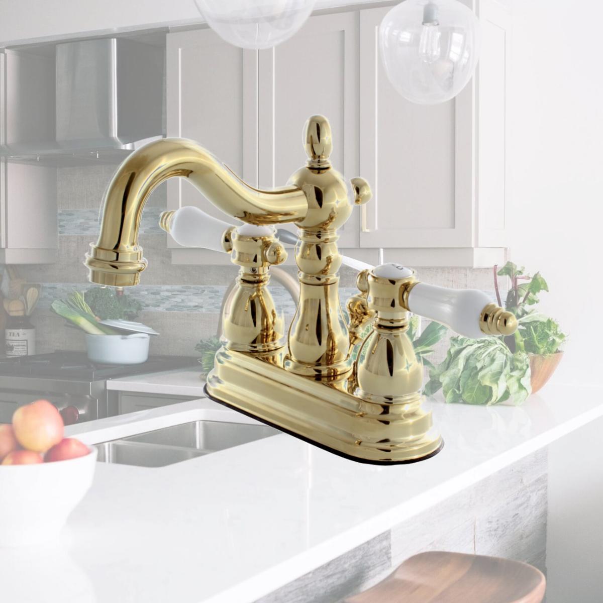 Picture of Kingston Brass KB1602BPL 4 in. Centerset Lavatory Faucet with Retail Pop-Up Classic Cross Handle, Polished Brass