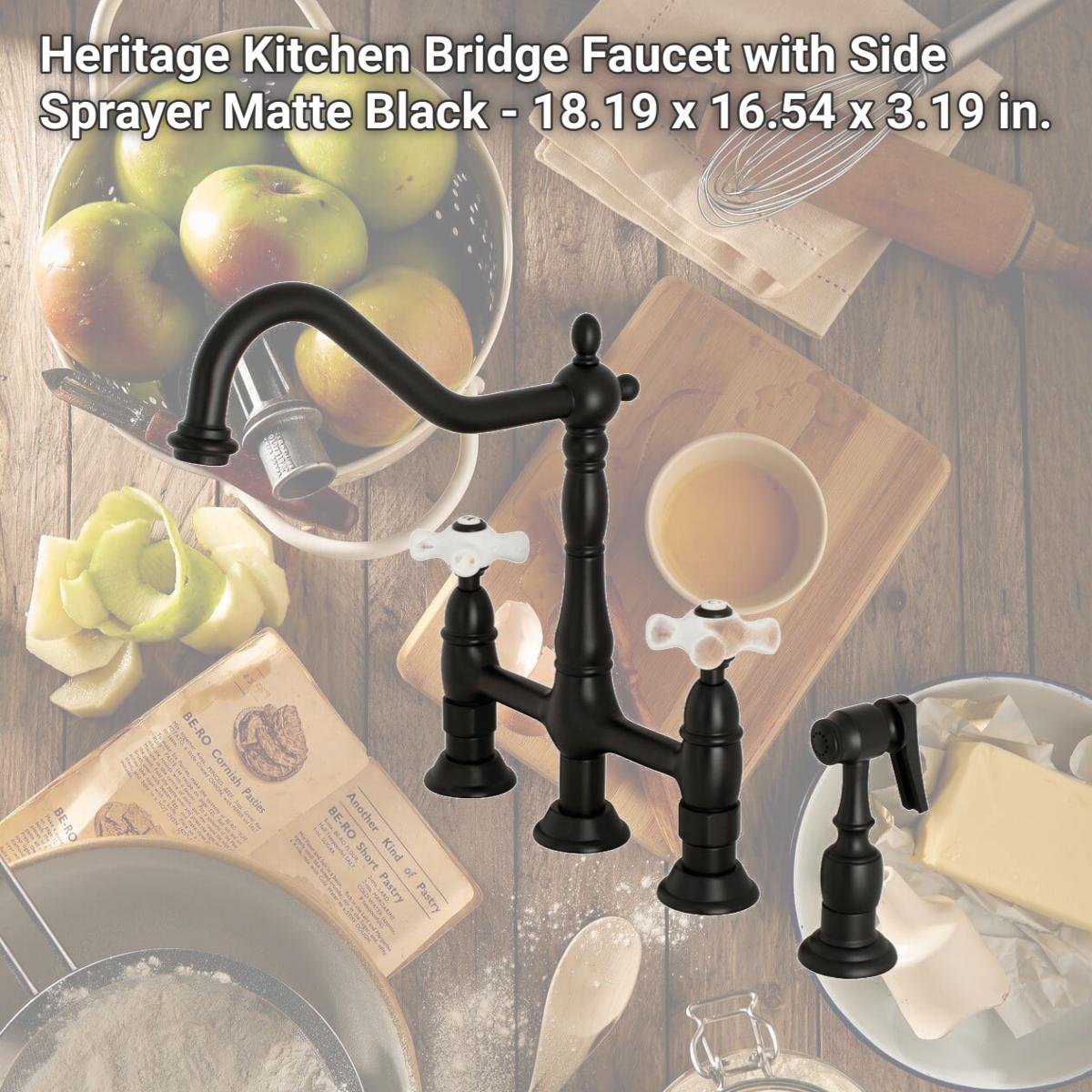 Picture of Kingston Brass KS1270PXBS Heritage Kitchen Bridge Faucet with Side Sprayer, Matte Black - 18.19 x 16.54 x 3.19 in.