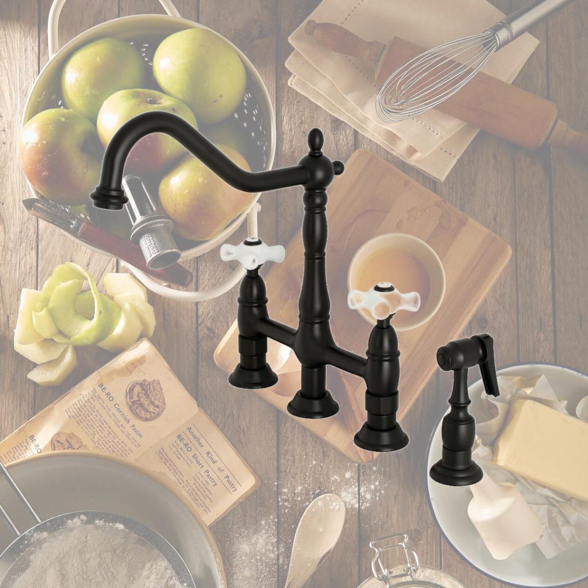 Picture of Kingston Brass KS1270PXBS Heritage Kitchen Bridge Faucet with Side Sprayer, Matte Black - 18.19 x 16.54 x 3.19 in.