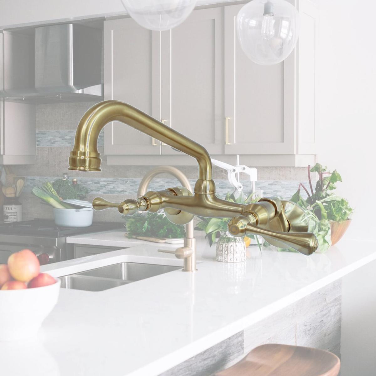 Picture of Kingston Brass Kingston 6-Inch Adjustable Center Wall Mount Kitchen Faucet  Brushed Brass