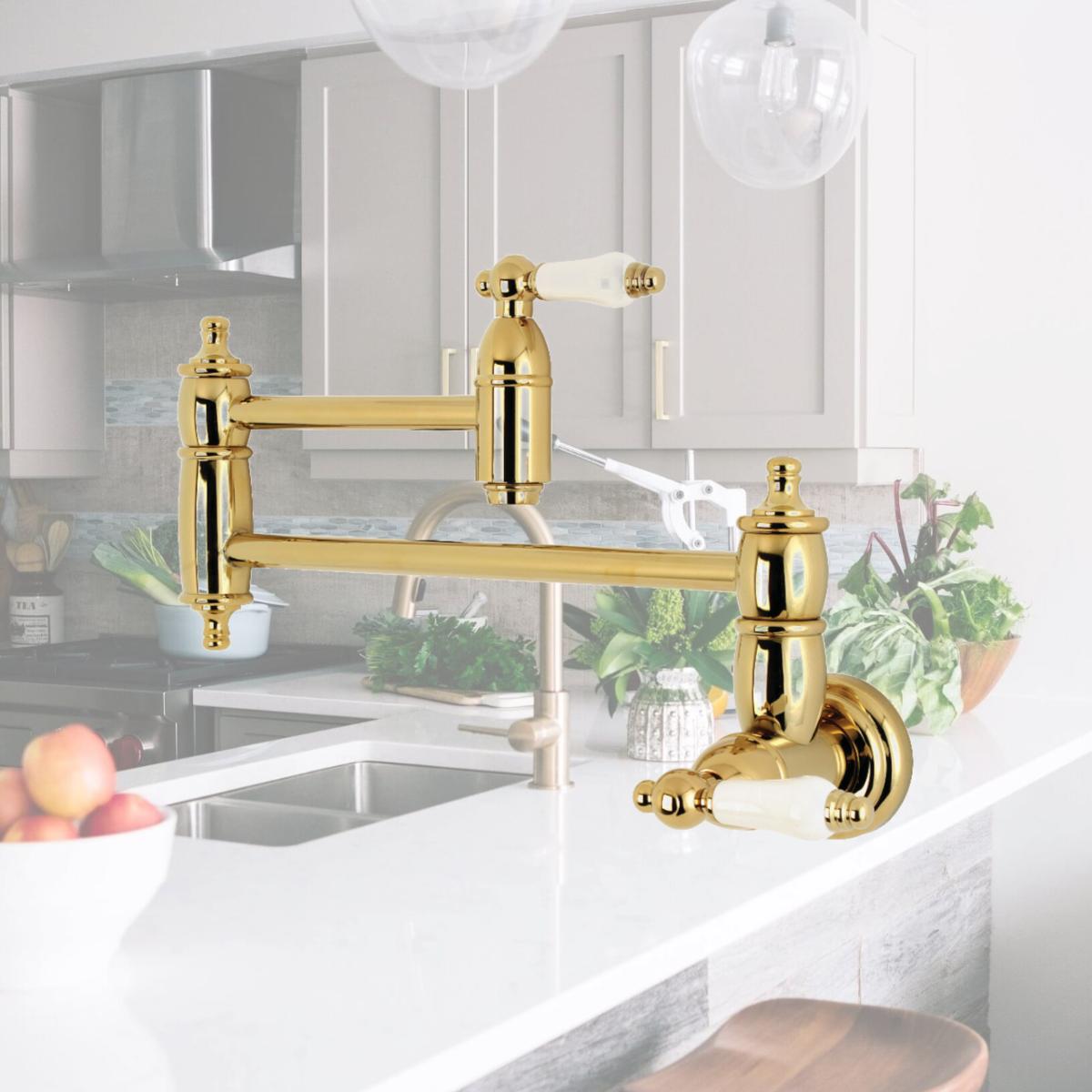 Picture of Kingston Brass KS3102PL Traditional Wall Mount Pot Filler Kitchen Faucet - Polished Brass