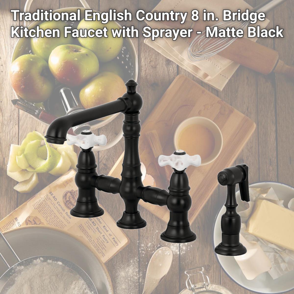 Picture of Kingston Brass KS7270PXBS Traditional English Country 8 in. Bridge Kitchen Faucet with Sprayer - Matte Black
