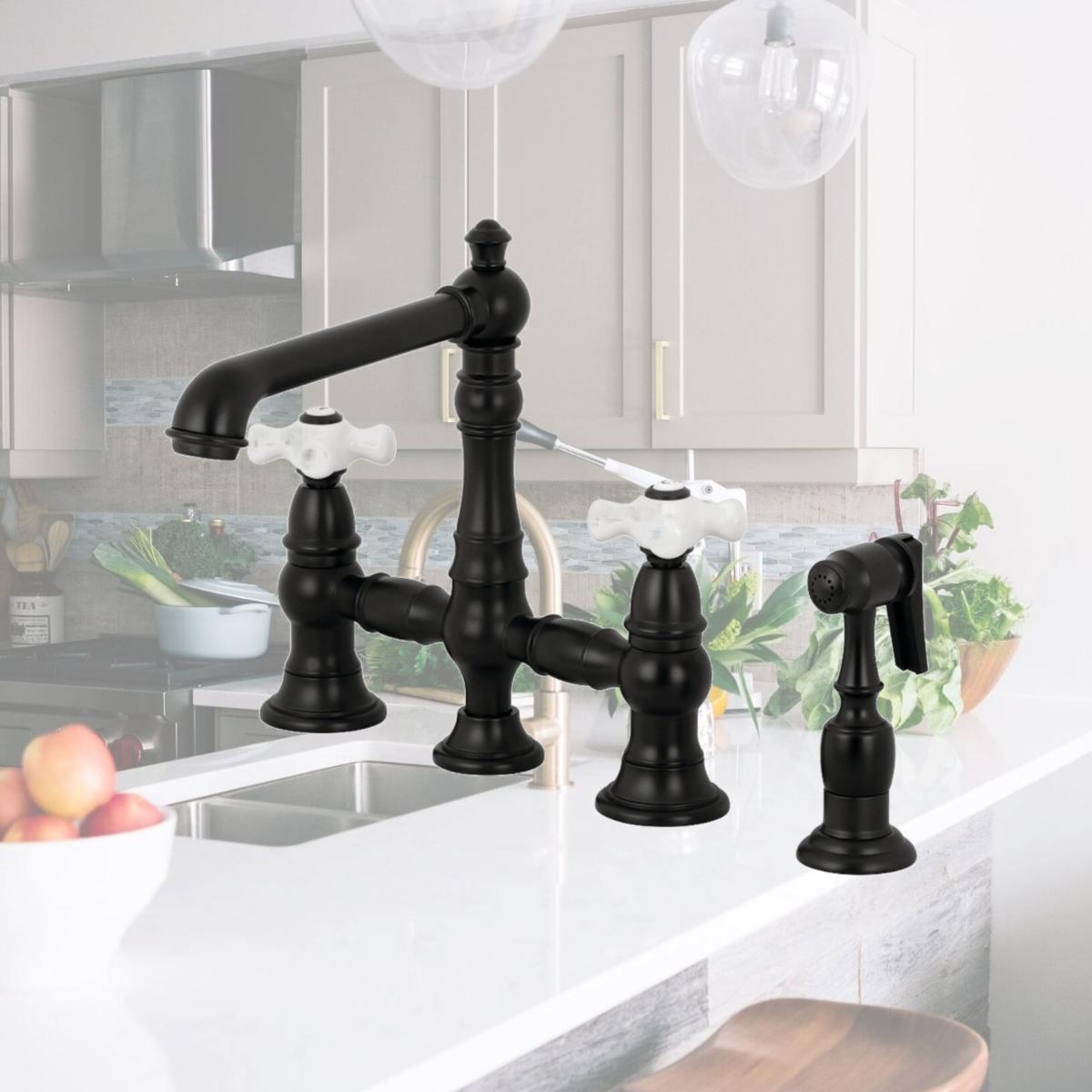 Picture of Kingston Brass KS7270PXBS Traditional English Country 8 in. Bridge Kitchen Faucet with Sprayer - Matte Black