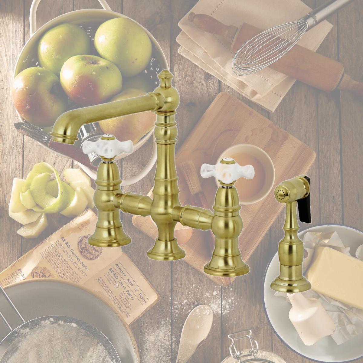 Picture of Kingston Brass KS7277PXBS English Country 8" Bridge Kitchen Faucet with Sprayer  Brushed Brass
