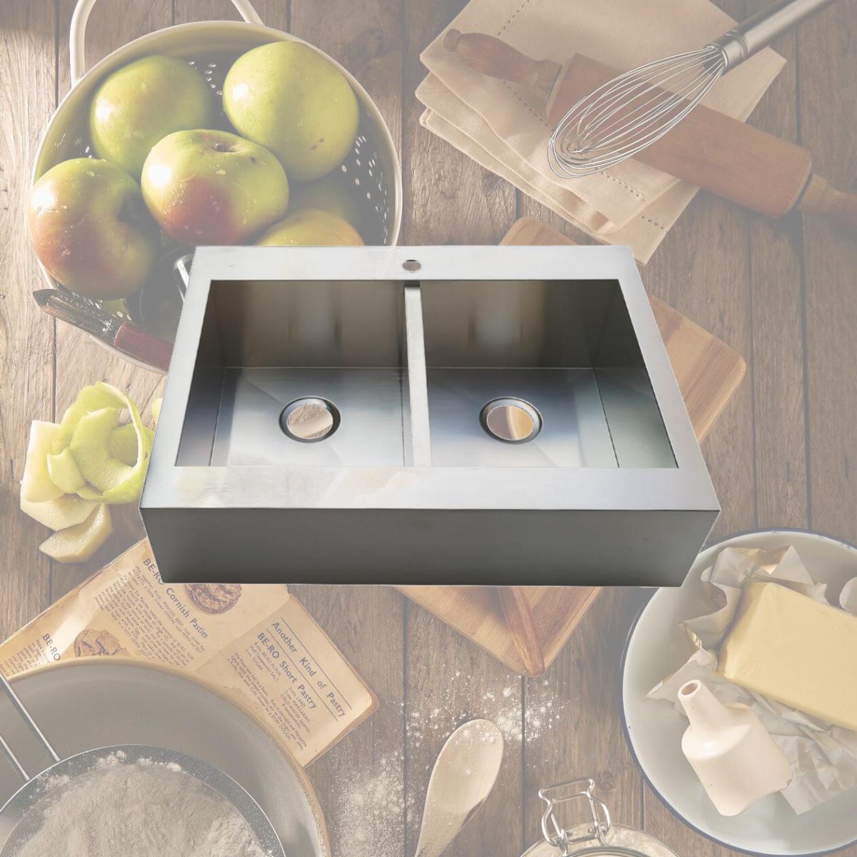 Picture of Gourmetier GKTDF362491 Modern Edinburg Drop-In 36 in. Double Bowl Kitchen Sink - Brushed