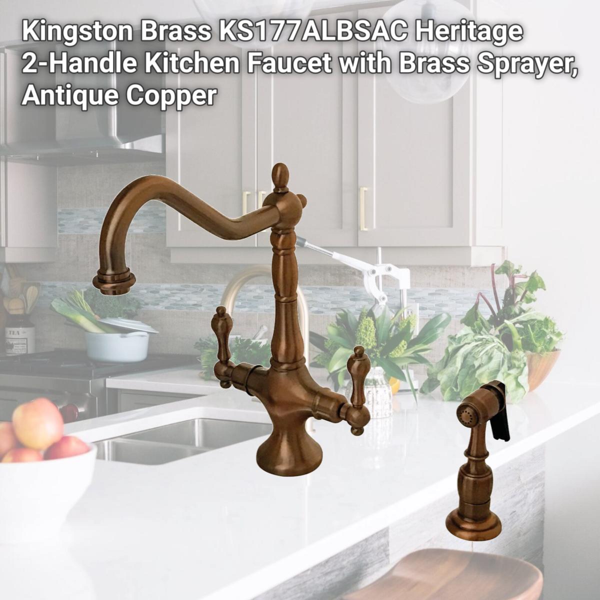 Picture of Kingston Brass KS177ALBSAC Heritage 2-Handle Kitchen Faucet with Brass Sprayer, Antique Copper