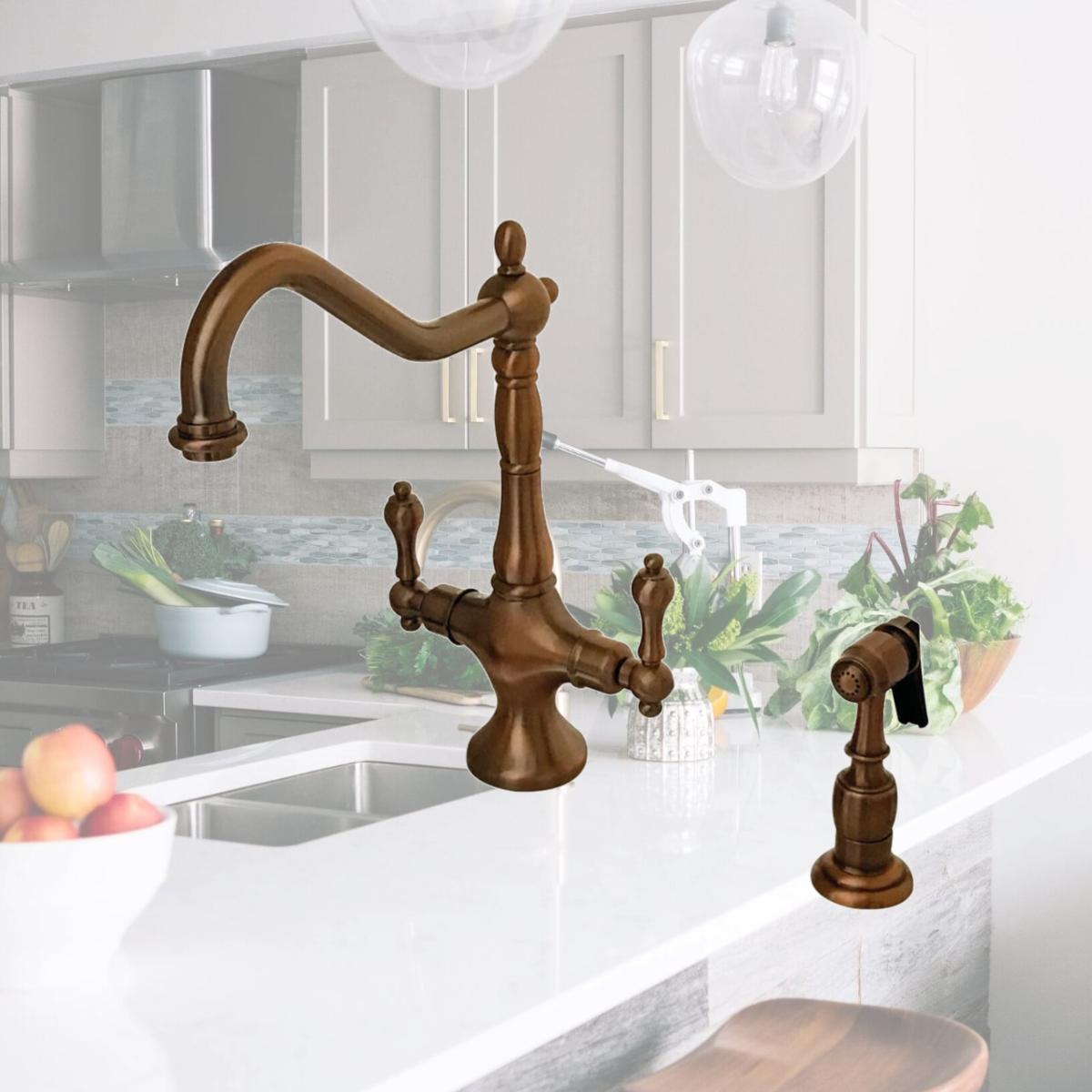 Picture of Kingston Brass KS177ALBSAC Heritage 2-Handle Kitchen Faucet with Brass Sprayer, Antique Copper