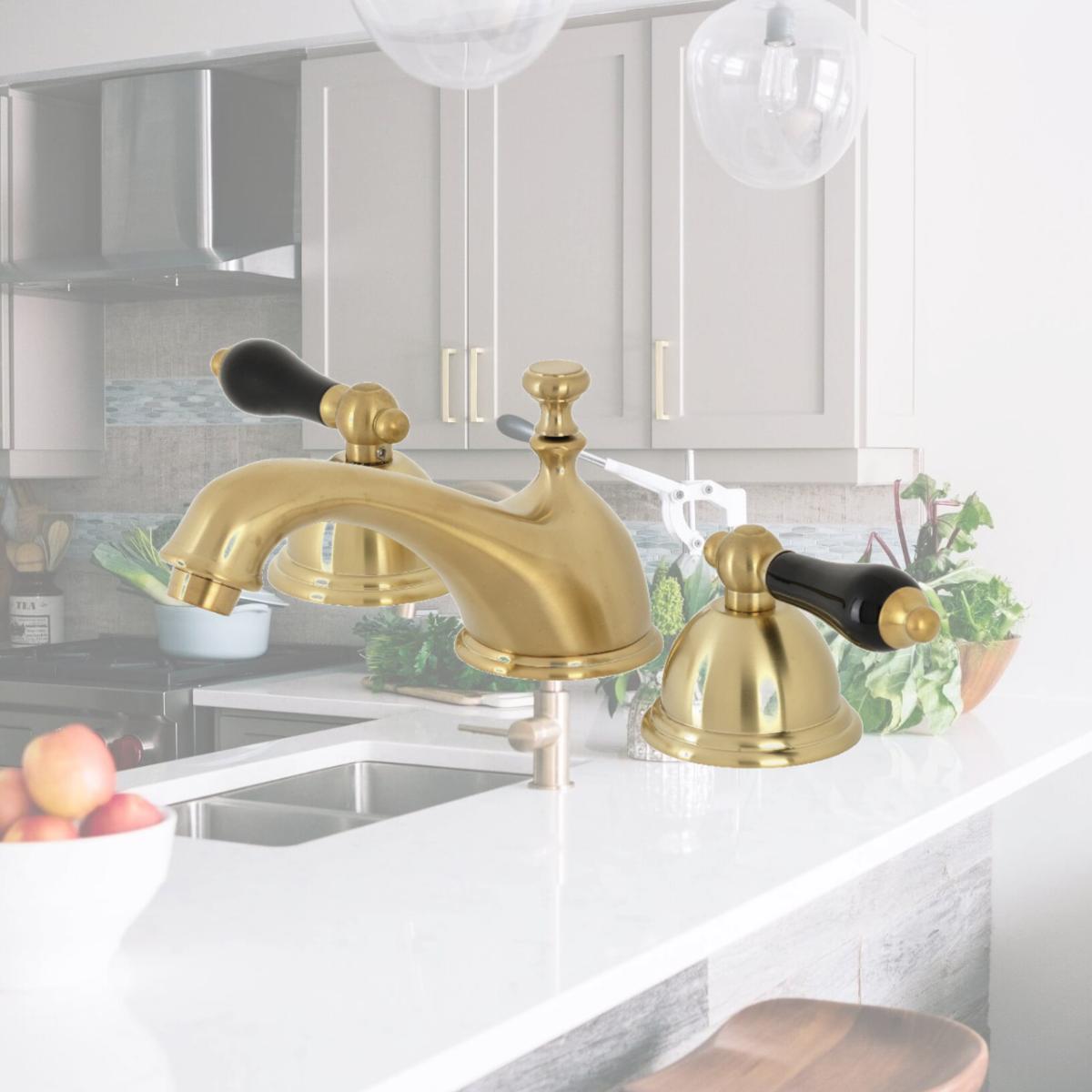 Picture of Kingston Brass KS3967PKL Duchess Widespread Bathroom Faucet with Brass Pop-Up, Brushed Brass