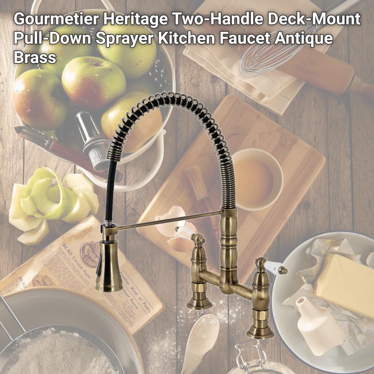 Picture of Kingston Brass GS1273PL Gourmetier Heritage Two-Handle Deck-Mount Pull-Down Sprayer Kitchen Faucet, Antique Brass