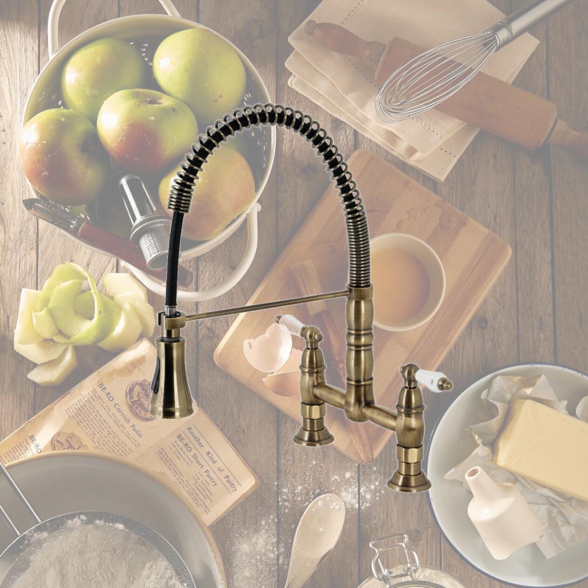 Picture of Kingston Brass GS1273PL Gourmetier Heritage Two-Handle Deck-Mount Pull-Down Sprayer Kitchen Faucet, Antique Brass