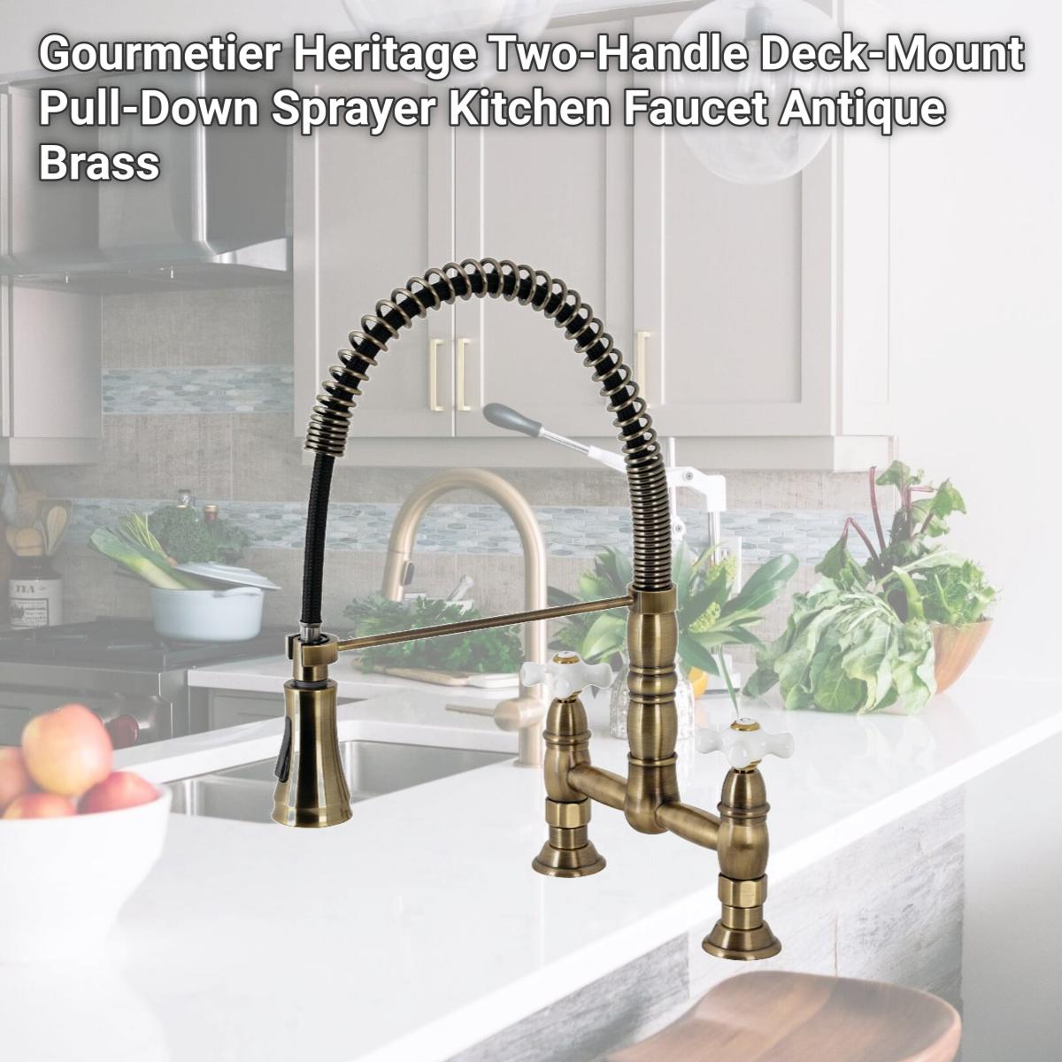 Picture of Kingston Brass GS1273PX Gourmetier Heritage Two-Handle Deck-Mount Pull-Down Sprayer Kitchen Faucet, Antique Brass