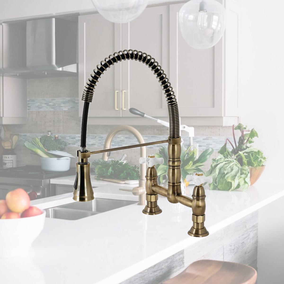Picture of Kingston Brass GS1273PX Gourmetier Heritage Two-Handle Deck-Mount Pull-Down Sprayer Kitchen Faucet, Antique Brass