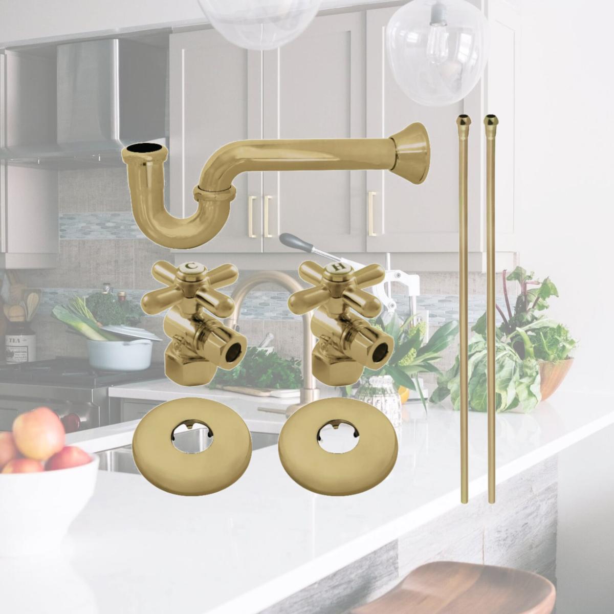 Picture of Kingston Brass KPK207 Gourmet Scape Plumbing Supply Kit with 1.5 in. P-Trap - 0.5 in. IPS Inlet x 0.38 in. Compression Oulet, Brushed Brass