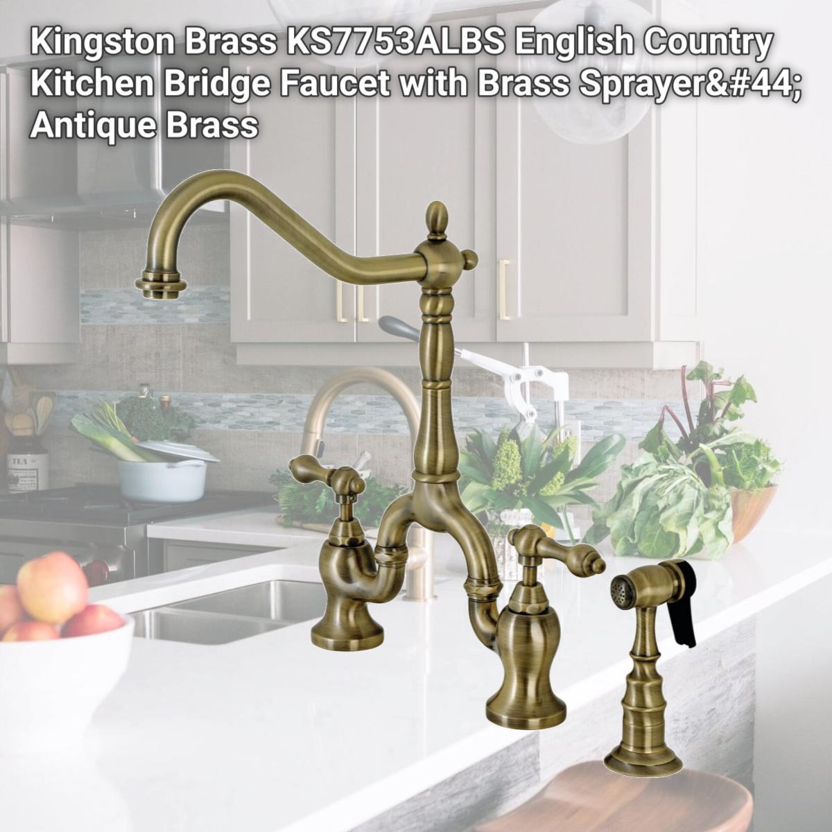 Picture of Kingston Brass KS7753ALBS English Country Kitchen Bridge Faucet with Brass Sprayer, Antique Brass