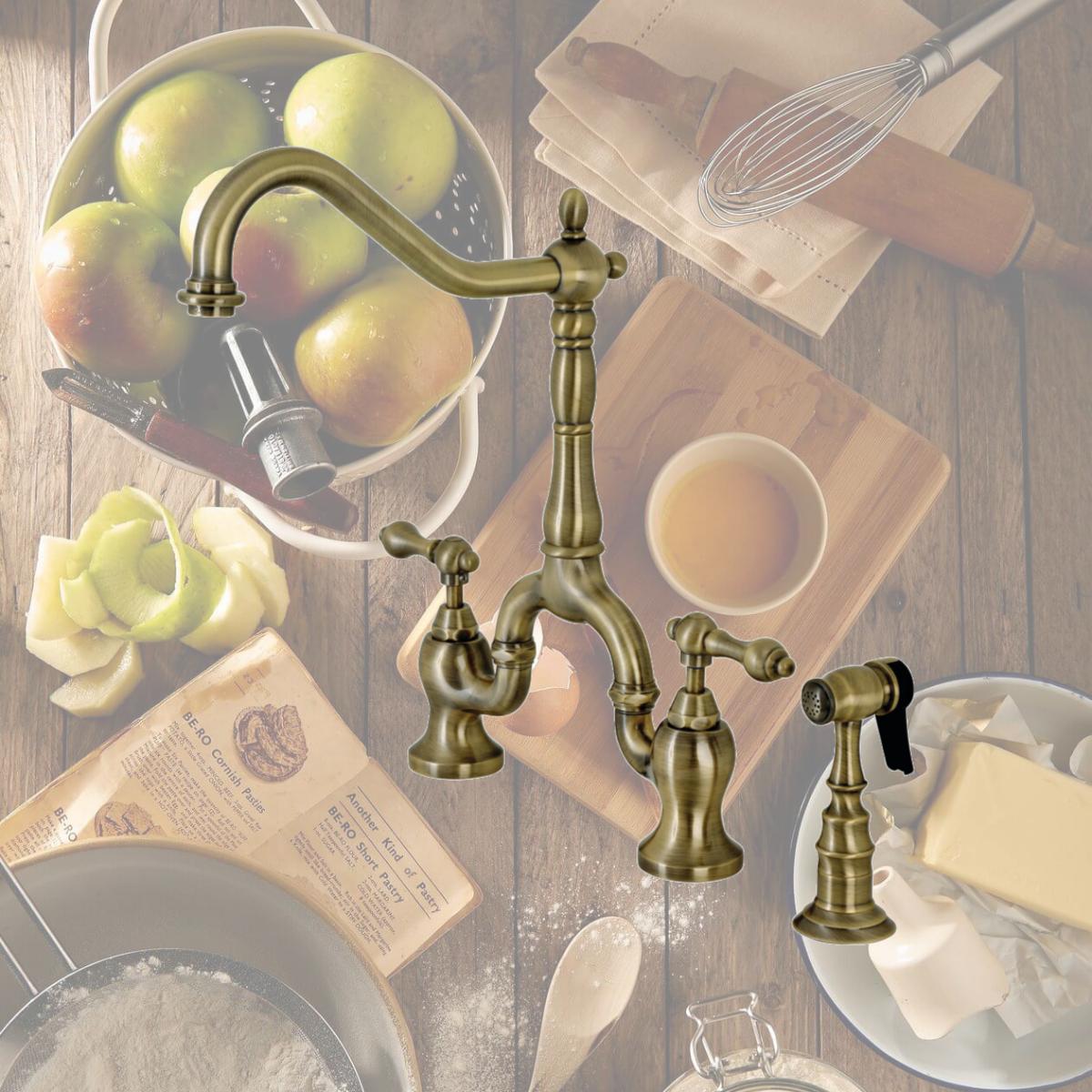 Picture of Kingston Brass KS7753ALBS English Country Kitchen Bridge Faucet with Brass Sprayer, Antique Brass