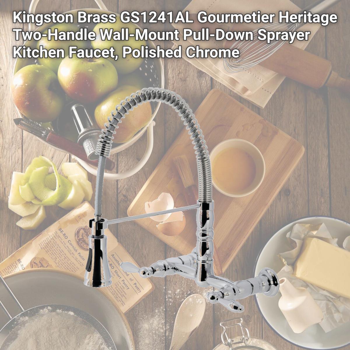 Picture of Kingston Brass GS1241AL Gourmetier Heritage Two-Handle Wall-Mount Pull-Down Sprayer Kitchen Faucet, Polished Chrome