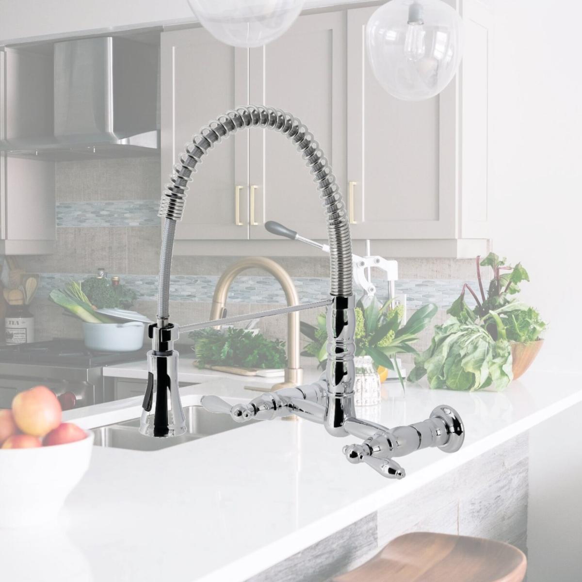 Picture of Kingston Brass GS1241AL Gourmetier Heritage Two-Handle Wall-Mount Pull-Down Sprayer Kitchen Faucet, Polished Chrome