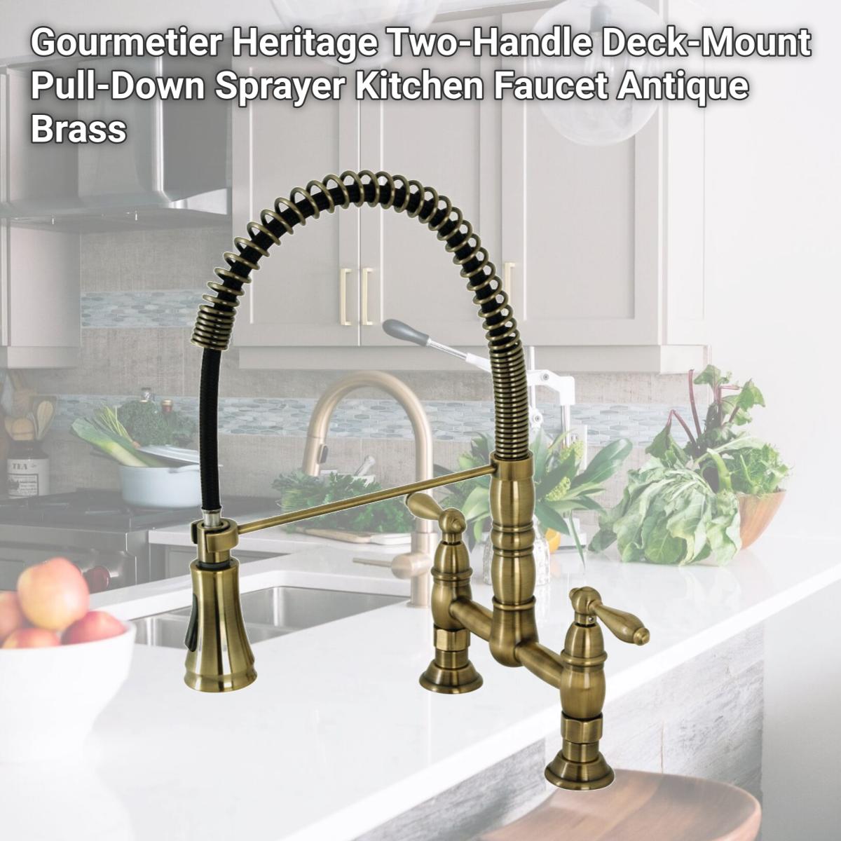 Picture of Kingston Brass GS1273AL Gourmetier Heritage Two-Handle Deck-Mount Pull-Down Sprayer Kitchen Faucet, Antique Brass