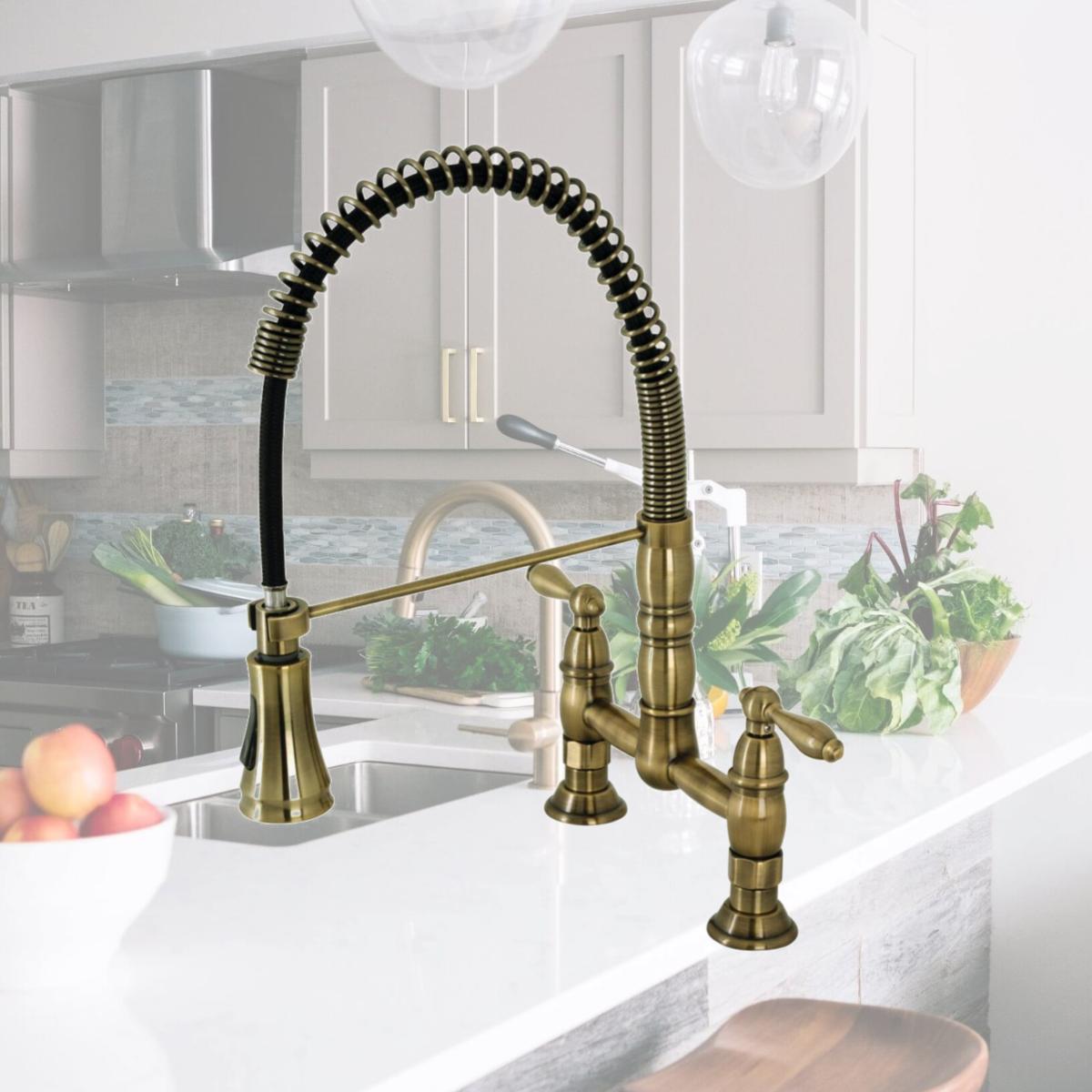 Picture of Kingston Brass GS1273AL Gourmetier Heritage Two-Handle Deck-Mount Pull-Down Sprayer Kitchen Faucet, Antique Brass