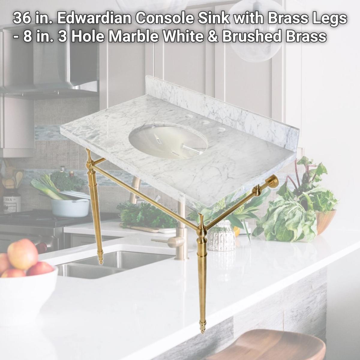 Picture of Kingston Brass KVPB3622M87 36 in. Edwardian Console Sink with Brass Legs - 8 in. 3 Hole, Marble White & Brushed Brass