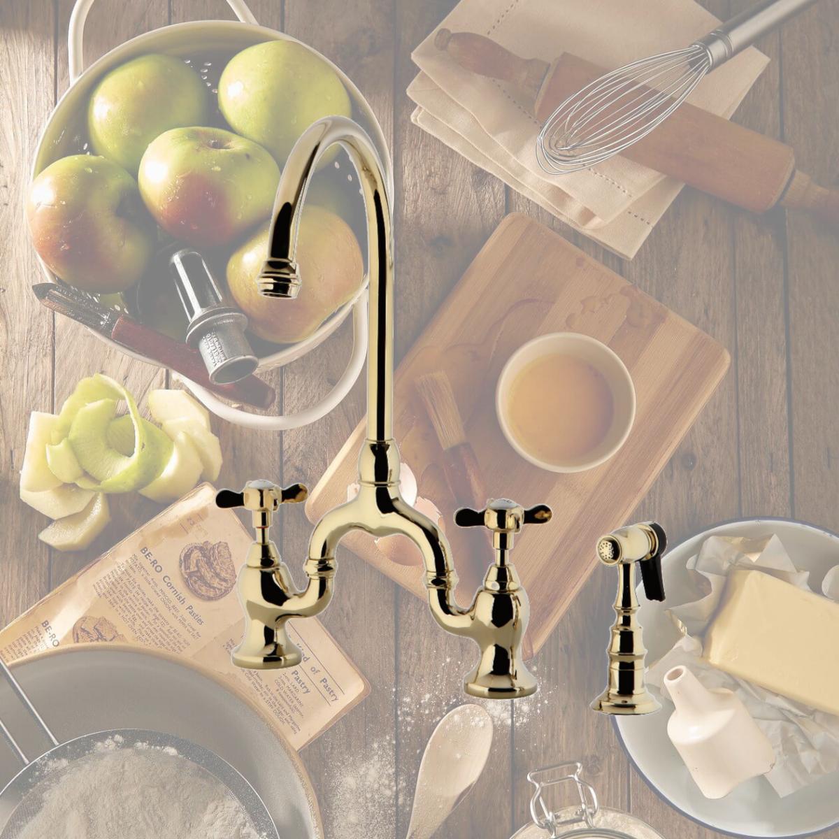 Picture of Kingston Brass KS7792BEXBS Essex Bridge Kitchen Faucet with Brass Sprayer, Polished Brass