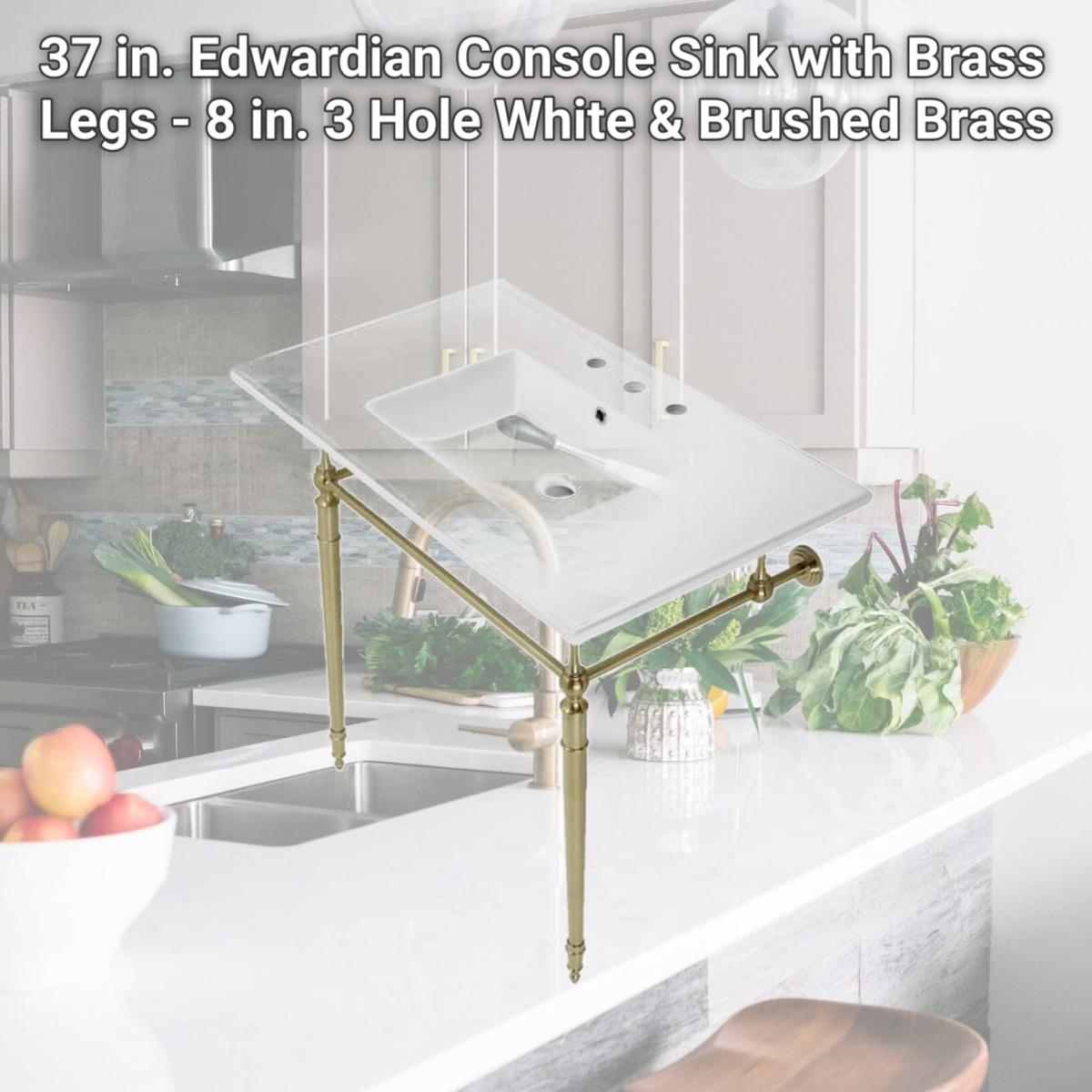 Picture of Kingston Brass KVPB37227W8BB 37 in. Edwardian Console Sink with Brass Legs - 8 in. 3 Hole, White & Brushed Brass
